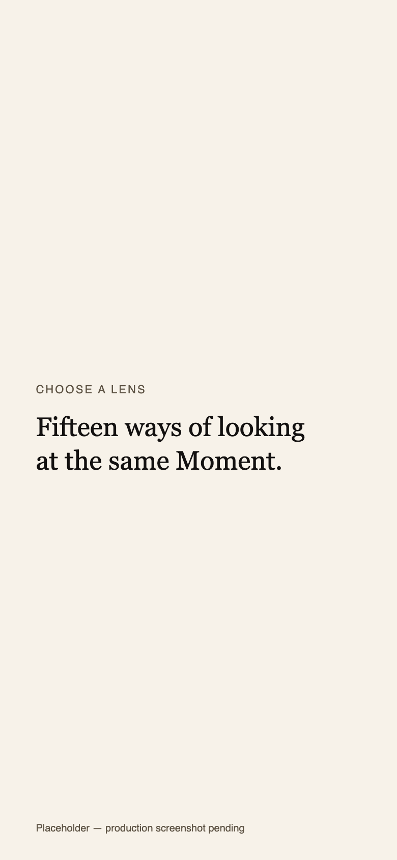 The Lens picker in the app: fifteen Lenses listed by the question each one asks